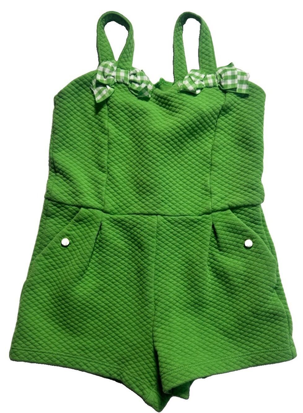 Janie and Jack Girls Size 4 Green Quilted Romper Gingham Bow Pockets EUC